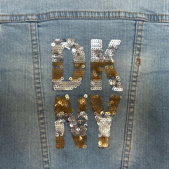DKNY Blue and Gold Jean Jacket with Bold Back Design - Picture 2 of 10